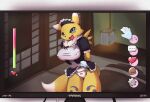  anthro big_breasts black_sclera breasts canid canine chest_tuft clothed clothing computer digimon digimon_(species) female fur kemono looking_at_viewer maid_uniform mammal nipple_outline open_mouth panties renamon solo sukiya tongue tuft underwear uniform white_body white_fur yellow_body yellow_fur 