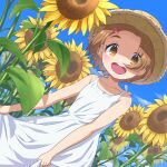  1girl :d absurdres bangs bare_arms bare_shoulders blue_sky bow brown_eyes brown_hair brown_headwear cloud collarbone commentary_request day dress dutch_angle flower hair_bow hair_ornament hairclip hat highres idolmaster idolmaster_cinderella_girls looking_at_viewer open_mouth outdoors parted_bangs red_bow round_teeth ryuuzaki_kaoru short_hair sky sleeveless sleeveless_dress smile solo straw_hat sunflower teeth thick_eyebrows upper_teeth white_dress yama_tatsuo yellow_flower 