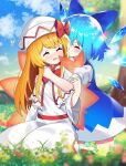  2girls :d ^_^ absurdres bangs blue_bow blue_dress blue_sky blurry blurry_background blurry_foreground blush bow bug butterfly capelet cirno closed_eyes cloud dress eyebrows_visible_through_hair fairy_wings flower gradient_sky grass hair_bow hat hat_bow highres hug ice ice_wings insect lily_white long_hair long_sleeves multiple_girls open_mouth orange_hair outdoors puffy_short_sleeves puffy_sleeves rainbow red_bow seiza short_sleeves sitting sky smile touhou tree white_capelet white_dress white_headwear wide_sleeves wings yuujin_(yuzinn333) 