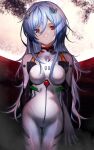  1girl ayanami_rei bangs blue_hair bodysuit breasts crossed_legs evangelion:_3.0+1.0_thrice_upon_a_time hair_between_eyes head_tilt highres interface_headset long_hair looking_at_viewer medium_breasts moon neon_genesis_evangelion nitogebeto open_hand parted_lips pilot_suit plugsuit rebuild_of_evangelion red_eyes science_fiction skin_tight solo thigh_gap very_long_hair 