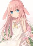  1girl animal_ears bangs bare_arms bare_shoulders blue_eyes blush bunny_ears closed_mouth commentary_request dress eyebrows_visible_through_hair flower hair_between_eyes highres kushida_you long_hair looking_at_viewer original pink_flower pink_hair sleeveless sleeveless_dress solo strap_slip very_long_hair white_background white_dress white_flower yellow_neckwear 
