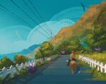  blue_sky bush commentary english_commentary fence flower flying gen_1_pokemon grass highres mountain outdoors pokemon pokemon_(creature) power_lines riding road simone_mandl sky tauros tree utility_pole venomoth venonat 