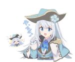  1girl ^_^ ascot ban_hada bangs blue_eyes blue_gloves blue_neckwear blush capelet clenched_hand closed_eyes flower gloves hat highres multiple_views nashi_chai1346 nijisanji nijisanji_kr open_mouth pirate pirate_hat silver_hair smile upper_body virtual_youtuber 