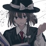  1girl bangs black_capelet book bow brown_hair capelet fedora gotagotay hair_bow hat hat_bow hat_ribbon highres holding holding_book long_sleeves looking_at_viewer medium_hair necktie open_book pages ribbon shirt smile solo touhou usami_renko white_bow white_shirt 