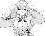  1girl bangs blouse blush breasts brooch cardigan ears eyebrows_visible_through_hair fingernails hair_between_eyes hair_ornament hand_up highres jewelry large_breasts looking_at_viewer lying medium_breasts medium_hair natevior nijisanji no_hat no_headwear on_back on_bed open_mouth sketch solo suzuhara_lulu sweatdrop virtual_youtuber x_hair_ornament 