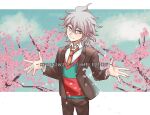  1boy bangs brown_jacket brown_pants cherry_blossoms collared_shirt commentary_request cowboy_shot danganronpa_(series) danganronpa_3_(anime) green_vest grey_eyes grey_hair hair_between_eyes hands_up happy_birthday highres hisin_di_fushang hope&#039;s_peak_academy_school_uniform jacket komaeda_nagito looking_at_viewer male_focus necktie open_clothes open_jacket outstretched_hand pants petals red_vest school_uniform shirt smile solo tree vest white_background 