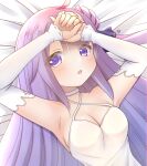  1girl ahoge armpits arms_up azur_lane bangs bed_sheet breasts choker cleavage commentary_request detached_sleeves dress eyebrows_visible_through_hair hair_bun hair_ribbon long_hair looking_at_viewer lying mirun_(funimani) one_side_up parted_lips purple_eyes purple_hair ribbon side_bun sidelocks solo unicorn_(azur_lane) white_dress 