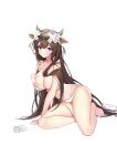  1girl absurdres animal_ears arm_support azur_lane bangs bare_legs bare_shoulders barefoot bikini blush bottle breasts brown_hair cleavage commentary_request cow_ears cow_girl cow_horns criss-cross_halter eyebrows_visible_through_hair flower full_body hair_flower hair_ornament halter_top halterneck hand_on_own_chest highres horns kashino_(azur_lane) large_breasts legs long_hair looking_at_viewer milk_bottle navel purple_eyes smile solo spill spilled_milk stomach swimsuit thighs very_long_hair wanv_wang wet white_background white_bikini white_flower x_hair_ornament 
