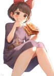 1girl animal_on_lap blush brown_eyes brown_hair cat cat_on_lap dress eating feet_out_of_frame food food_on_face hair_ribbon hairband highres holding holding_food invisible_chair jiji_(majo_no_takkyuubin) kiki looking_at_viewer majo_no_takkyuubin purple_dress red_ribbon ribbon ryota_(ry_o_ta) sandwich short_hair signature sitting solo white_background wiping_face 