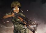  1girl canteen dark_skin embers gloves gun helmet highres holding holding_gun holding_weapon military military_uniform mrxinom original pouch short_hair shotgun smoke soldier solo uniform united_states_marine_corps weapon 