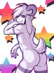  3:4 5_fingers anthro asriel_dreemurr bovid butt caprine crackers digital_media_(artwork) ear_tuft eyebrows eyelashes fingers fur goat hair horn long_ears looking_at_viewer looking_back male mammal pinup pose red_eyes shoulder_tuft simple_background smile solo standing star tuft undertale video_games white_background white_body white_fur white_hair 