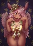  blush bow_ribbon breasts cleavage clothed clothing female fur hair hi_res kantachibli lagomorph leporid looking_at_viewer mammal mistletoe one_eye_closed panties pink_hair plant rabbit seductive skimpy solo sticker tan_body tan_fur tongue tongue_out underwear wink 