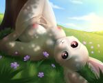  5:4 anthro beastars breasts female field flower fur grass haru_(beastars) lagomorph legs_up leporid looking_at_viewer lying mammal nipples nude on_back outside plant rabbit solo tairak tree upside_down white_body white_fur 