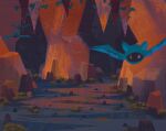  cave commentary english_commentary fang fangs fangs_out flying gen_1_pokemon grass highres mt._moon no_humans outdoors pokemon pokemon_(creature) rock simone_mandl stalactite stalagmite wings zubat 