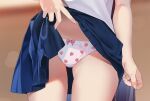  1girl ass_visible_through_thighs blue_skirt bow bow_panties close-up damda fate/grand_order fate_(series) fingernails food_print head_out_of_frame lifted_by_self lower_body midriff_peek panties pantyshot scathach_(fate) scathach_(fate)_(all) school_uniform serafuku shirt skirt skirt_lift solo strawberry_print thighs underwear white_shirt younger 