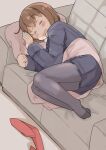  1girl absurdres blush brown_hair couch drooling enjaku_izuku highres kantai_collection lying on_side open_mouth pantyhose short_hair sleeping solo wakaba_(kancolle) 