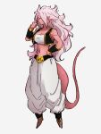  1girl android_21 breasts cleavage colored_skin cosplay dragon_ball dragon_ball_fighterz dragon_ball_z earrings full_body grey_background hand_on_hip hoop_earrings jewelry kemachiku long_hair looking_to_the_side majin_android_21 majin_buu majin_buu_(cosplay) medium_breasts midriff navel pink_skin pointy_ears simple_background solo tail white_hair 
