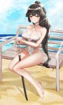  1girl absurdres azur_lane barefoot bench black_hair blue_sky bokken bow breasts brown_eyes casual_one-piece_swimsuit chenhuan_wu_wo clothing_cutout cloud criss-cross_halter day full_body hair_flaps halterneck highres large_breasts light_rays long_hair navel_cutout ocean one-piece_swimsuit outdoors ponytail ribbon sitting sky solo sunbeam sunlight swimsuit sword takao_(azur_lane) takao_(beach_rhapsody)_(azur_lane) weapon white_bow white_ribbon white_swimsuit wooden_sword 