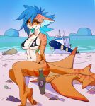  2021 anthro beach bikini black_bikini black_clothing black_swimwear blue_hair blue_tongue boat bottle breasts clothed clothing crossed_legs detailed_background digital_drawing_(artwork) digital_media_(artwork) feet female fin fish fw-ch gills hair hands_behind_back hi_res jyxa looking_at_viewer marine multicolored_body nipple_outline non-mammal_breasts open_mouth orange_body orange_eyes requiem_shark rock seashell seaside shark shell sitting skimpy solo swimwear teeth thick_tail tiger_shark tongue tongue_out vehicle watercraft white_body 