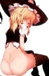  1girl ass back blonde_hair blush bow breasts closed_mouth commentary_request eyebrows_visible_through_hair frills hagure_kedama hat highres kirisame_marisa long_hair looking_at_viewer looking_back puffy_short_sleeves puffy_sleeves short_sleeves simple_background sitting solo touhou undressing white_background witch_hat 