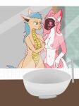  anonymous_artist anthro blue_hair breast_grab breasts canid canine dragon duo female female/female green_eyes hair hand_on_breast hi_res ienikra kinnara machine mammal pink_body pink_hair protogen reptile scalie shy smile white_body yellow_body 