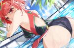  1girl ass bangs bare_shoulders black_swimsuit blush breasts competition_swimsuit covered_navel earrings gem headpiece jewelry large_breasts looking_at_viewer one-piece_swimsuit pyra_(pro_swimmer)_(xenoblade) pyra_(xenoblade) red_eyes red_hair short_hair solo swept_bangs swimsuit tiara tomas_(kaosu22) water xenoblade_chronicles_(series) xenoblade_chronicles_2 