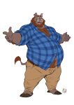  5_fingers anthro barefoot beard belly big_belly blue_clothing blue_topwear body_hair bottomwear clothing facial_hair feet fingers furrybob hi_res male mammal overweight overweight_anthro overweight_male pants shirt simple_background smile solo standing suid suina sus_(pig) topwear tusks white_background wild_boar 