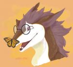  ambiguous_gender anthro arthropod brie_(cheesy) butterfly eyewear fur glasses insect invalid_tag lepidopteran neck_tuft red_eyes sergal simple_background solo teeth tongue tuft vanillatiel white_body white_fur 