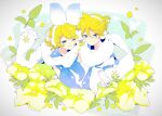  1boy 1girl 1other blonde_hair blue_neckwear blush bow bug bunny butterfly cheek_press commentary earmuffs earphones floral_print flower hair_bow hair_ornament hairclip highres insect kagamine_len kagamine_rin leaf looking_at_viewer neckerchief necktie one_eye_closed oversized_flowers oyamada_gamata petunia_(flower) rabbit_yukine sandwiched scarf shared_earphones shirt short_hair smile snowflake_print vocaloid white_bow white_scarf white_shirt yellow_flower yuki_len yuki_rin 