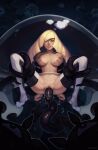  1girl absurdres arms_behind_back blonde_hair bound bound_arms breasts clenched_teeth dark_background gen_7_pokemon highres lusamine_(pokemon) nihilego nipples pokemon pokemon_(game) pokemon_sm pussy sinicore spread_legs teeth tentacle_sex tentacles thighhighs two-tone_legwear ultra_beast vaginal 