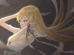  1girl arms_up bandaged_arm bandages bare_shoulders blonde_hair floating_hair hair_ornament hairclip hand_up highres kizumonogatari kokku-san long_hair monogatari_(series) oshino_shinobu pointy_ears red_eyes sleeveless upper_body 