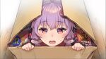  1girl black_jacket box cardboard_box commentary cracker food from_above hair_ornament highres in_box in_container jacket looking_at_viewer open_mouth pocky purple_eyes purple_hair ritz_crackers rokuyasuhara sidelocks solo sweat vocaloid voiceroid wooden_floor yuzuki_yukari 