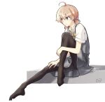  1girl ahoge artist_name black_legwear dress fre_(silent_life) full_body highres knee_up koito_yuu light_brown_hair looking_to_the_side low_twintails no_shoes pantyhose pinafore_dress ribbon school_uniform short_hair short_sleeves short_twintails simple_background sitting solo summer_uniform twintails white_background yagate_kimi_ni_naru yellow_ribbon 