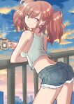  1girl alternate_costume atlanta_(kancolle) bokukawauso breasts brown_hair casual cowboy_shot cup cutoffs earrings from_behind fuji_(pixiv24804665) grey_eyes grey_shorts highres jewelry kantai_collection large_breasts long_hair looking_at_viewer mug railing short_shorts shorts smile solo star_(symbol) star_earrings sunrise tank_top two_side_up white_tank_top 