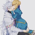  1boy 1girl ahoge artoria_pendragon_(all) bangs blonde_hair braid cape dress fate/grand_order fate_(series) green_dress grey_background grey_cape grey_hair hair_ribbon highres hug imminent_kiss juliet_sleeves kamiowl long_hair long_sleeves merlin_(fate) messy_hair parted_lips puffy_sleeves ribbon saber shiny shiny_hair short_hair 