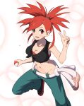  1girl :d absurdres bangs bare_shoulders black_footwear black_shirt blush breasts cleavage collarbone commentary_request cowboy_shot crop_top eyebrows_behind_hair flannery_(pokemon) green_pants groin gym_leader hair_tie highres holding holding_poke_ball hugimosi large_breasts long_hair looking_at_viewer lower_teeth midriff navel open_mouth pants poke_ball pokemon pokemon_(game) pokemon_oras ponytail red_eyes red_hair red_tubetop shirt shoes smile solo standing standing_on_one_leg strapless sweat tied_shirt towel tubetop v white_background 