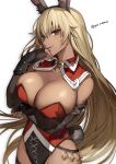  1girl absurdres alternate_costume animal_ears black_gloves blonde_hair breasts bunny_ears bunny_girl bunny_tail cleavage commission commissioner_upload dark_skin dark_skinned_female elbow_gloves fingerless_gloves fire_emblem fire_emblem:_the_binding_blade gloves highres igrene_(fire_emblem) large_breasts long_hair looking_at_viewer mi_noane mole mole_under_eye playboy_bunny skeb_commission smile solo tail yellow_eyes 
