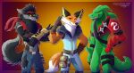  2021 abs accessory anthro belt biceps black_body black_fur bottomwear canid canine canis clothed clothing digital_media_(artwork) dipstick_tail dire_(fortnite) dragon english_text epic_games fennix_(fortnite) fortnite fox fur gesture gloves green_body green_scales grey_body grey_fur group handwear headband headgear headwear horn hybrid_(fortnite) inner_ear_fluff jumpsuit leo-wolf male mammal multicolored_tail muscular muscular_anthro muscular_male ninja_star orange_body orange_eyes orange_fur pants partially_clothed pecs red_eyes reptile scales scalie signature simple_background smile teeth teeth_showing text torn_bottomwear torn_clothing torn_pants trio tuft v_sign video_games were werecanid werecanine werewolf white_body white_fur wolf yellow_sclera 