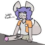  1:1 anthro big_penis bodily_fluids canid canine canis erection flufflewdzthings genital_fluids genitals hand_on_counter huge_penis humanoid_genitalia humanoid_penis hyper hyper_genitalia hyper_penis male mammal name_tag oliver_(flufflewdzthings) penis precum profanity solo text throbbing_penis unwanted_erection vein wolf 