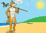  2020 anthro arwing balls beach canid canine casual_nudity dialogue digital_media_(artwork) emperorstarscream english_text fish footprint fox fox_mccloud fur genitals holding_object holding_spear holding_weapon looking_up male mammal marine melee_weapon multicolored_body multicolored_fur nintendo nude orange_body orange_fur outside penis polearm sand seaside solo spear speech_bubble star_fox sun text two_tone_body two_tone_fur video_games walking water weapon wet wet_body wet_fur white_body white_fur 