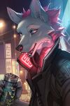  2021 2:3 5_fingers anthro beverage_can canid canine city clothing cyberpunk cyberpunk_2077 fingers fox futuristic headphones hi_res jacket male mammal night_sky open_mouth sign solo topwear wildering 