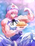  1girl ^_^ bangs black_ribbon blue_kimono blush breasts clenched_hand closed_eyes commentary_request eyebrows_visible_through_hair flexing food fried_rice frilled_kimono frills gachimuchi gloves grin hair_between_eyes hat highres holding holding_tray japanese_clothes kimono large_breasts mob_cap muscular muscular_female neck_ribbon pink_hair pose ribbon saigyouji_yuyuko short_hair sitting smile solo touhou tray triangular_headpiece white_gloves yagi10 