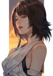  1girl bangs beads black_bra blue_eyes bra brown_hair detached_sleeves final_fantasy final_fantasy_x green_eyes hair_ornament half-closed_eyes heterochromia hungry_clicker japanese_clothes looking_at_viewer open_mouth outside_border short_hair sunset underwear yuna_(ff10) 