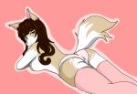  anthro breasts brown_hair butt canid canine canis clothed clothing commissioner digital_media_(artwork) female fox fur hair legwear lewd_(disambiguation) looking_at_viewer looking_back looking_back_at_viewer lowkey lying mammal multicolored_body multicolored_fur on_front panties pink_eyes pink_nose simple_background solo stockings tan_body tan_fur two_tone_body two_tone_fur underwear white_body white_fur wolf 