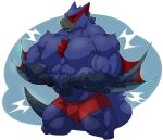  abs anthro biceps blue_body body_hair bottomwear capcom chest_hair clothing dragon flexing flying_wyvern hair happyending male monster_hunter muscular muscular_anthro muscular_male nargacuga pecs red_hair shorts solo vein veiny_muscles video_games wyvern 