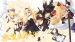  5girls :3 animal_ears black_dress blonde_hair blue_eyes bulletproof_vest cat_ears cat_tail clone commentary_request dress fang fingerless_gloves girls_frontline gloves highres holding holding_sword holding_weapon idw_(cloak_and_cat_ears)_(girls_frontline) idw_(girls_frontline) katana kisetsu knee_pads mouth_hold multiple_girls official_alternate_costume one_eye_closed open_mouth sheath shorts sleeveless sleeveless_dress sword tail token unsheathing weapon 
