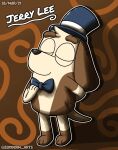  2021 anthro basset_hound bluey_(show) bow_tie brown_body brown_fur canid canine canis clothing detailed_background digital_media_(artwork) dipstick_limbs domestic_dog eyes_closed floppy_ears fur hat headgear headwear hi_res hunting_dog iopkluj123 jerry_lee_(character) male mammal multicolored_body multicolored_fur paws scent_hound semi-anthro signature smile solo standing top_hat 