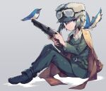  1girl androgynous aqua_eyes belt belt_pouch bird blue-and-white_flycatcher brown_coat coat coat_on_shoulders collared_shirt colt_1851_navy full_body fur_hat goggles goggles_on_headwear green_hair gun hat holding holding_gun holding_weapon kino_(kino_no_tabi) kino_no_tabi looking_at_viewer pouch revolver sasa_onigiri shirt simple_background sitting smile solo ushanka weapon 