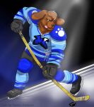  anthro blue_eyes brown_body brown_fur canid canine canis colored devin_d_parlett digital_media_(artwork) domestic_dog feiona floppy_ears fur hamilton_wanderers hi_res hockey hockey_gloves hockey_jersey hockey_puck hockey_rink hockey_stick ice_skates ice_skating male mammal molosser mountain_dog neck_tuft newfoundland_dog solo sport spotlight tape tongue tongue_out tuft 