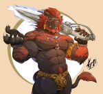 2021 abs anthro beard biceps brown_body brown_fur bulge claws clothed clothing eye_patch eyewear facial_hair fangs felid final_fantasy final_fantasy_xiv finger_claws fur gunblade hair hi_res holding_object holding_weapon hrothgar jewelry lofnirv looking_at_viewer male mammal multicolored_body multicolored_fur muscular muscular_anthro muscular_male necklace orange_body orange_fur orange_hair pecs pinup portrait pose pubes quads red_eyes scar sharp_teeth skimpy solo speedo square_enix standing swimwear teeth three-quarter_portrait triceps two_tone_body two_tone_fur video_games weapon 